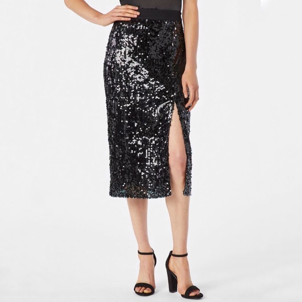 JUSTFAB/SEQUIN SLIT MIDI SKIRT/BLACK/SIZE 2X/8